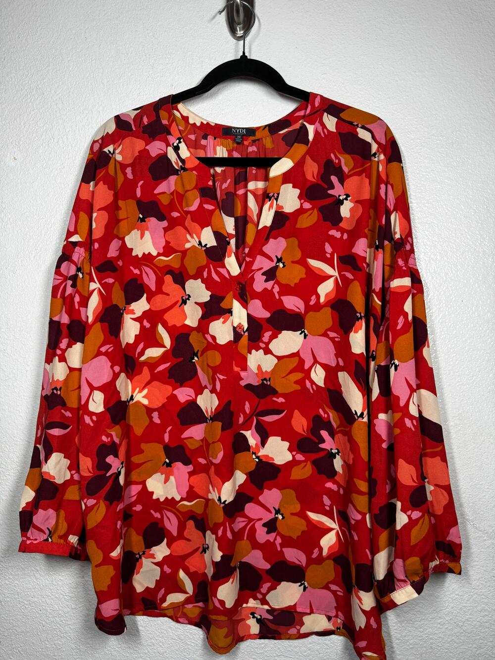 NYDJ Plus Paulina Popover Blouse Red Pink Sz 2X Floral Puff Sleeve